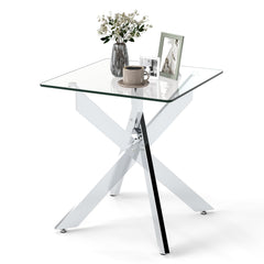 Glass Side Table Square End Table with Tempered Glass Top and Metal X Base-Silver