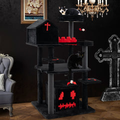49 Inch Gothic Cat Tree with a Chapel Condo, Coffin Bed and Six Levels