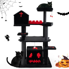 49 Inch Gothic Cat Tree with a Chapel Condo, Coffin Bed and Six Levels