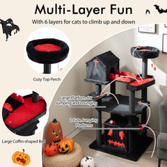 49 Inch Gothic Cat Tree with a Chapel Condo, Coffin Bed and Six Levels