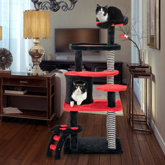 52 Inch Gothic Cat Tree with Striped Sisal Posts and a Railed Cat Bed