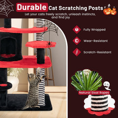 52 Inch Gothic Cat Tree with Striped Sisal Posts and a Railed Cat Bed