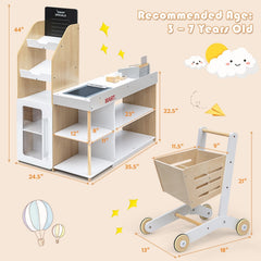 Wooden Grocery Store Playset with Shopping Cart, Till and Chalkboard for Kids