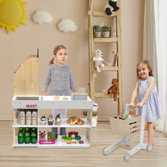 Wooden Grocery Store Playset with Shopping Cart, Till and Chalkboard for Kids