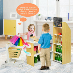 Wooden Grocery Store Playset with Shopping Cart, Till and Chalkboard for Kids