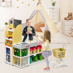 Wooden Grocery Store Playset with Shopping Cart, Till and Chalkboard for Kids
