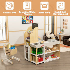Wooden Grocery Store Playset with Shopping Cart, Till and Chalkboard for Kids