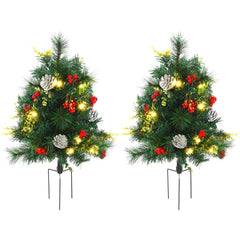 2.5ft 2 Pieces Prelit Artificial Christmas Tree with LED Light Mini Xmas Tree with Small Berry Pine Needles Pinecones Decorations for Garden