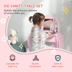 Kids Vanity Table and Stool, Makeup Vanity Girls Dressing Table Set with Tri-folding Mirrors Drawer Star and Heart Pattern, Pink