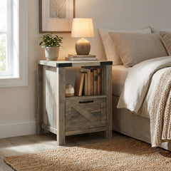 Side Table with Storage, Farmhouse End Table with Drawer, Open Shelf and Barn-style Panel, Nightstand for Living Room, Bedroom, Oak