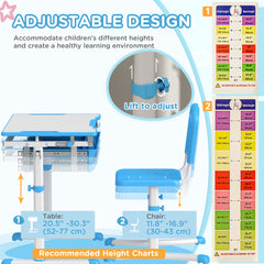 Height Adjustable Study Table and Chair Set with Drawer, Pen Slot, Tiltable Desktop, Hook, Blue