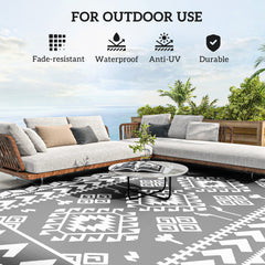 9' x 12' Outdoor RV Rug, Reversible Patio Floor Mat with Carry Bag, Rhombus Patchwork, Grey and White
