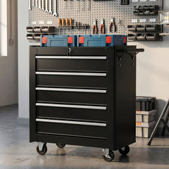 5 Drawer Roller Tool Chest, Lockable Toolbox, Storage Organizer with Handle for Workshop Mechanics Garage, Black and Red