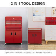 6-Drawer Rolling Tool Chest, 2 in 1 Lockable Storage Cabinet with Hooks, Metal Tool Box for Garage, Workshop, Black