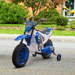 Kids Dirt Bike 12V Battery-Powered Ride-On Electric Motorcycle with Charging Battery, Training Wheels Blue
