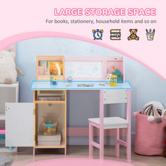 2Pcs Kids Desk and Chair Set with Whiteboard, Storage, Shelves, Grey