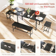 Extendable Dining Table Set, 5-Piece Dining Set for 4-6 with 2 Benches and 2 Stools for Small Spaces, Black