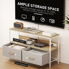 TV Stand with Charging Station, TV Table with 2 Foldable Linen Drawers and Open Shelf for 47 Inch Television, Black
