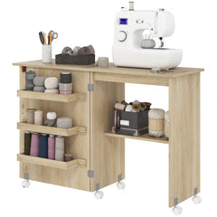 Sewing Machine Cabinet, Folding Sewing Table with Storage Shelf, Bins and Lockable Wheels for Small Space, Brown