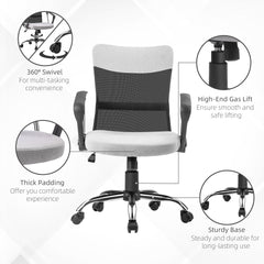Mid Back Office Chair, Linen Adjustable Office Chair with Lumbar Back Support, Arm, Adjustable Height, Grey
