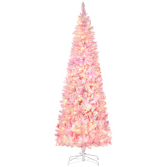 6 Foot Prelit Snow Flocked Artificial Christmas Tree with Pencil Shape, 500 Pine Realistic Branches, Warm White LED lights, Auto Open, Pink and White