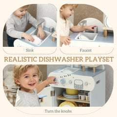 Wooden Dishwasher Playset, Play Sink Toys with Faucet, Turning Knobs and Accessories, Gift for Boys Girls Toddlers