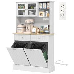 Kitchen Cabinet with Charging Station, 2 Tilt Out Cabinets, Microwave Stand, Freestanding Kitchen Pantry Cabinet, Black