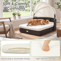 Handwoven Rattan Pet Daybed with 2 Detachable Soft Cushions for Small and Medium Dogs-White