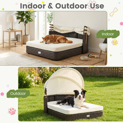 Handwoven Rattan Pet Daybed with 2 Detachable Soft Cushions for Small and Medium Dogs-White