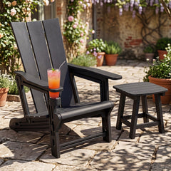HDPE Outdoor Adirondack Chairs with Cup Holder-Black