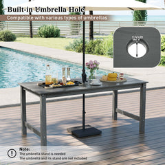 HDPE Outdoor Dining Table for 6 Person with Wood-Like Tabletop and Umbrella Hole-Gray