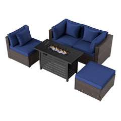 5 Piece Patio Rattan Sofa Set with 60000 BTU Stainless Burner Firepit Table and Ottoman, Navy