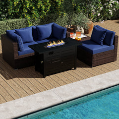 5 Piece Patio Rattan Sofa Set with 60000 BTU Stainless Burner Firepit Table and Ottoman, Navy