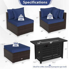 5 Piece Patio Rattan Sofa Set with 60000 BTU Stainless Burner Firepit Table and Ottoman, Navy