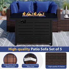 5 Piece Patio Rattan Sofa Set with 60000 BTU Stainless Burner Firepit Table and Ottoman, Navy