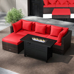 5 Piece Modular Rattan Patio Set with 60000 BTU Firepit Table and Ottoman, Red
