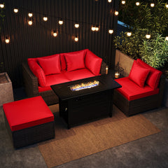 5 Piece Modular Rattan Patio Set with 60000 BTU Firepit Table and Ottoman, Red