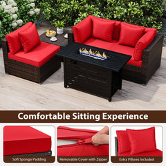 5 Piece Modular Rattan Patio Set with 60000 BTU Firepit Table and Ottoman, Red