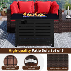 5 Piece Modular Rattan Patio Set with 60000 BTU Firepit Table and Ottoman, Red