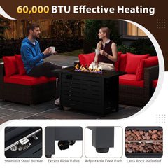 5 Piece Modular Rattan Patio Set with 60000 BTU Firepit Table and Ottoman, Red