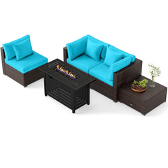 5 Piece Rattan Patio Set with 60000 BTU Firepit Table and Dual Use Ottoman, Turquoise
