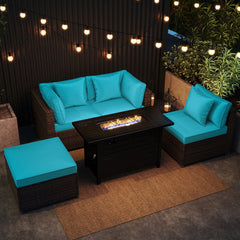 5 Piece Rattan Patio Set with 60000 BTU Firepit Table and Dual Use Ottoman, Turquoise