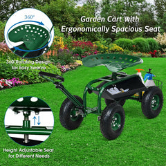 Heavy Duty Garden Cart with Tool Tray and 360 Swivel Seat-Green