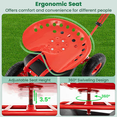 Heavy Duty Garden Cart with Tool Tray and 360 Swivel Seat-Red