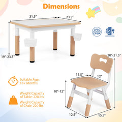 Height Adjustable, Kids Table and 4 Chairs Set with Graffiti Desktop and 2 Storage Baskets-Natrual