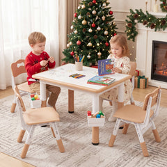Height Adjustable, Kids Table and 4 Chairs Set with Graffiti Desktop and 2 Storage Baskets-Natrual