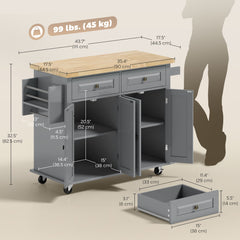 Kitchen Island with Storage, Rolling Trolley Cart with Rubber Wood Top, Spice Rack, Towel Rack, Brown Oak