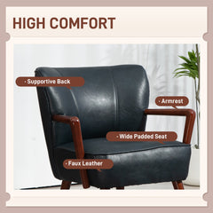 Accent Chair, Modern Armchair, Faux Leather Upholstered Living Room Chair with Wood Legs and Wide Padded Seat, Black