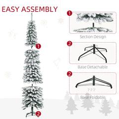 6 Ft Snow-Flocked Artificial Christmas Tree, Slim Pencil Xmas Tree with Realistic Branches, Metal Base, Green