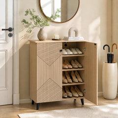 High‑quality 2‑Door Geometric Cabinet Freestanding Decorative Footwear Storage Unit with Carved Panels for Indoor Home Use-Natural